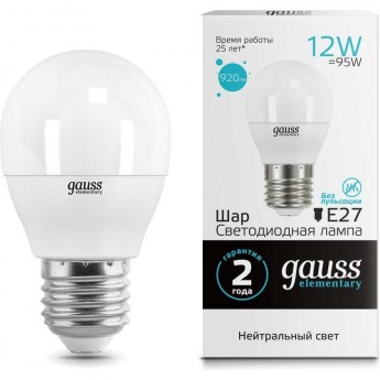 Лампа GAUSS ELEMENTARY Шар 12W 920lm 4100K Е27 LED Лампа GAUSS ELEMENTARY Шар 12W 920lm 4100K Е27 LED