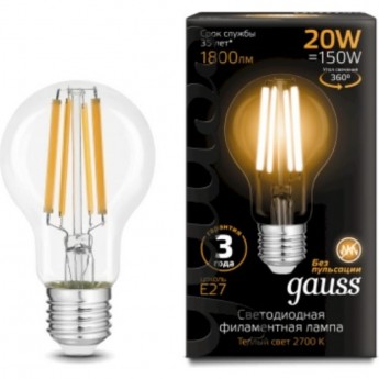 Лампа GAUSS FILAMENT А60 20W 1800lm 2700К Е27 LED Лампа GAUSS FILAMENT А60 20W 1800lm 2700К Е27 LED