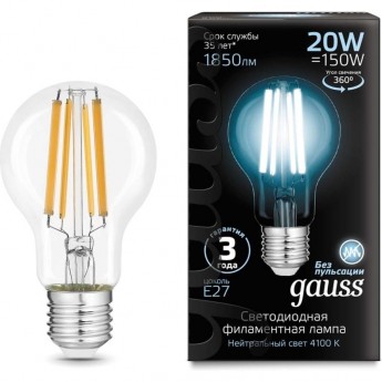 Лампа GAUSS FILAMENT А60 20W 1850lm 4100К Е27 LED Лампа GAUSS FILAMENT А60 20W 1850lm 4100К Е27 LED