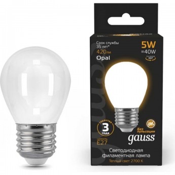 Лампа GAUSS FILAMENT Шар 5W 420lm 2700К Е27 milky LED