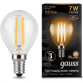 Лампа GAUSS FILAMENT Шар 7W 550lm 2700К Е14 LED Лампа GAUSS FILAMENT Шар 7W 550lm 2700К Е14 LED