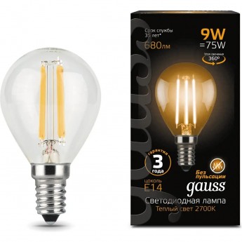 Лампа GAUSS FILAMENT Шар 9W 680lm 2700К Е14 LED Лампа GAUSS FILAMENT Шар 9W 680lm 2700К Е14 LED