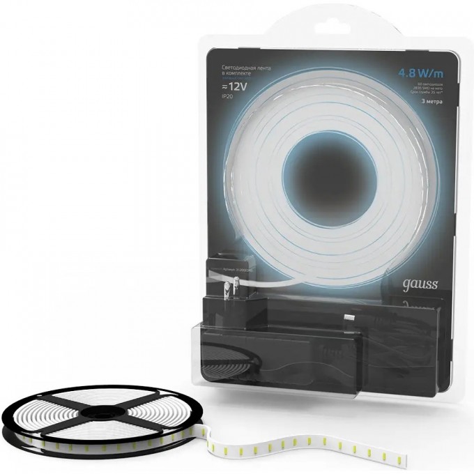 Лента GAUSS LED Комплект 2835/60-SMD 4,8W 12V DC холодный белый IP20 (блистер 3м) 312000248